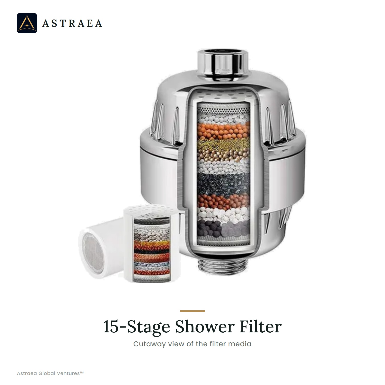 Astraea 15-stage shower filter, cutaway view of the filter media